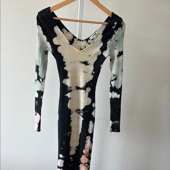 Ribbed Tie-Dye Dress L Bodycon V-Neck Bleach Wash Grunge Indie Sleaze Streetwear - Picture 5 of 13